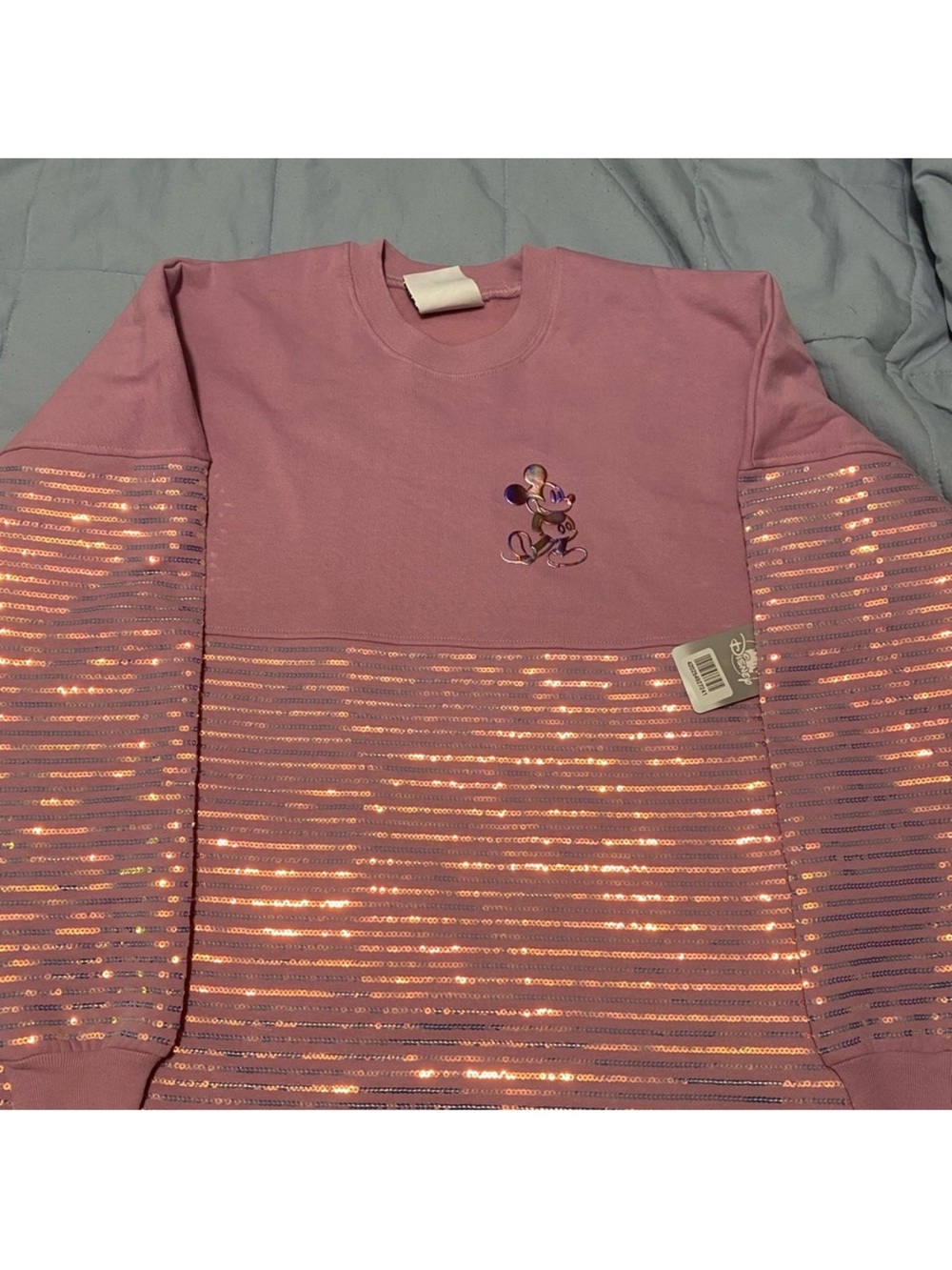 Disney Spirit Jersey Purple Sequin-Accent Crewneck Sweater - Mickey Detail